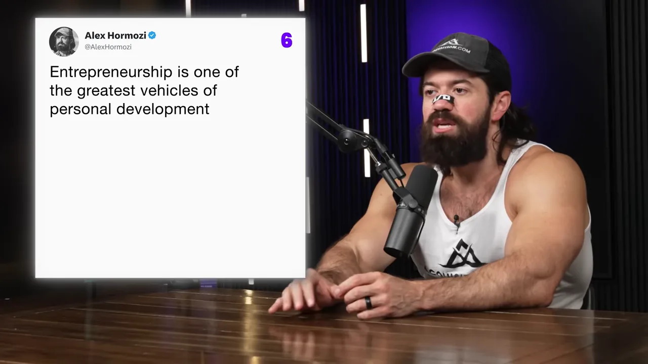 Presenter at a podcast table with a large on-screen quote reading 'Entrepreneurship is one of the greatest vehicles of personal development'