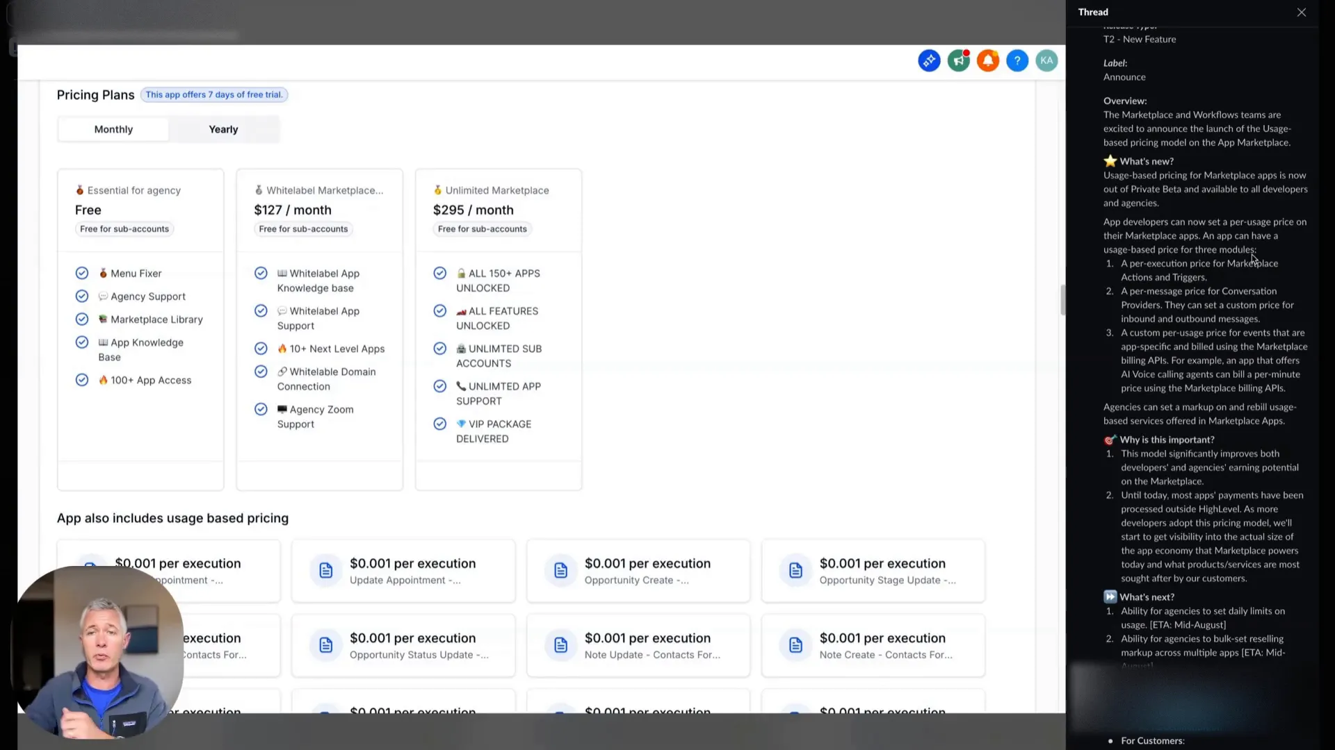 Usage-based pricing animation showing per execution and per message pricing
