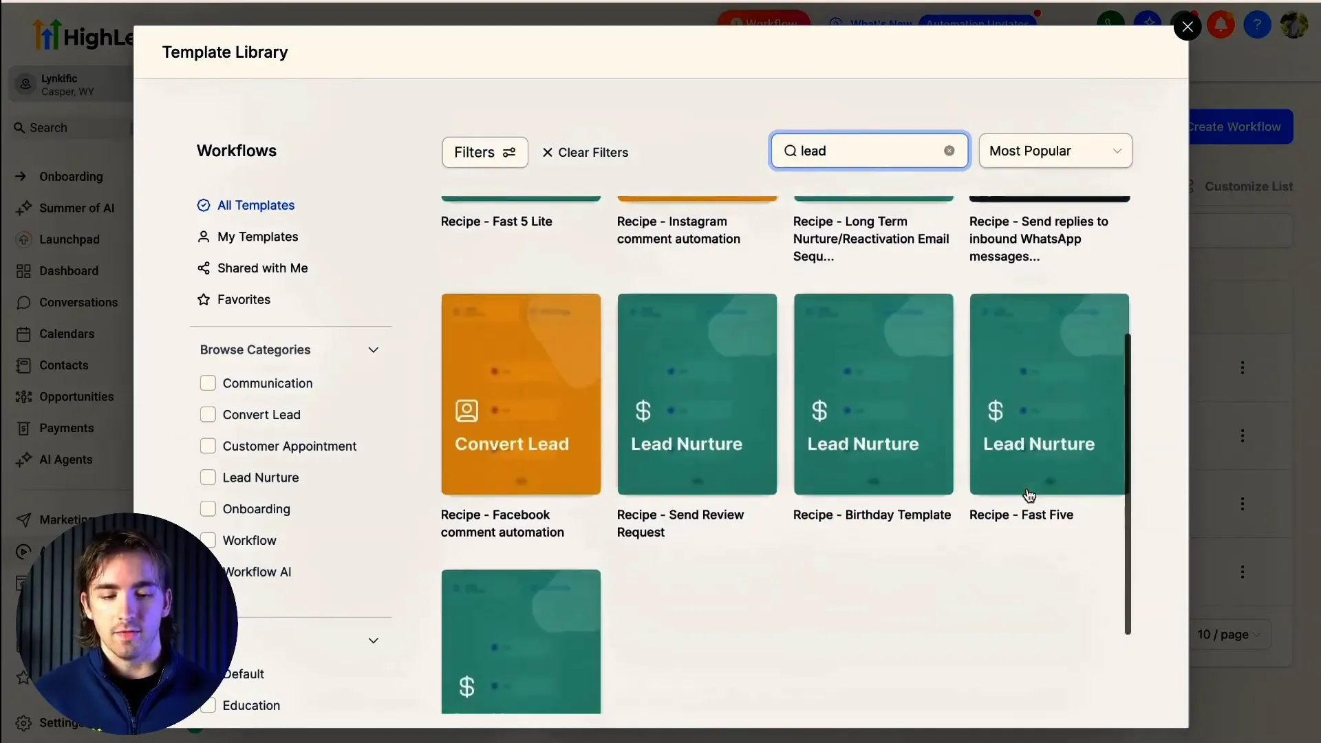 Selecting lead nurturing workflow template