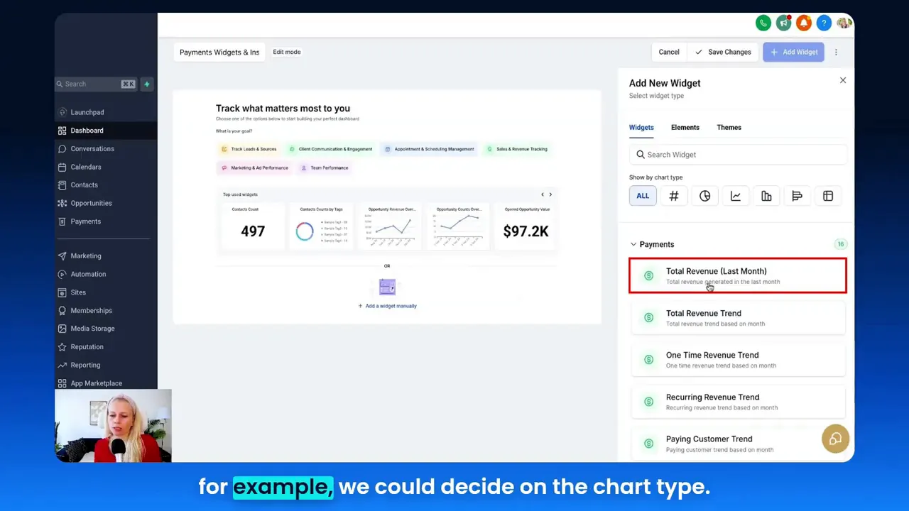 Adding a new dashboard and selecting 'Payments' widgets from the dashboard menu during setup.