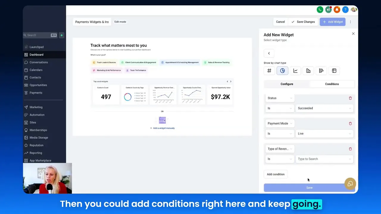 Configuring conditions and filters for widgets, including payment status and payment provider options.