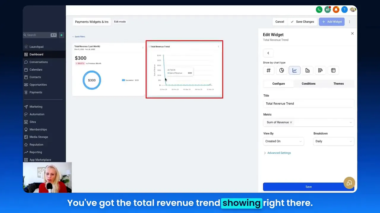Line chart showing total revenue trend across a selected date range in a payments dashboard.