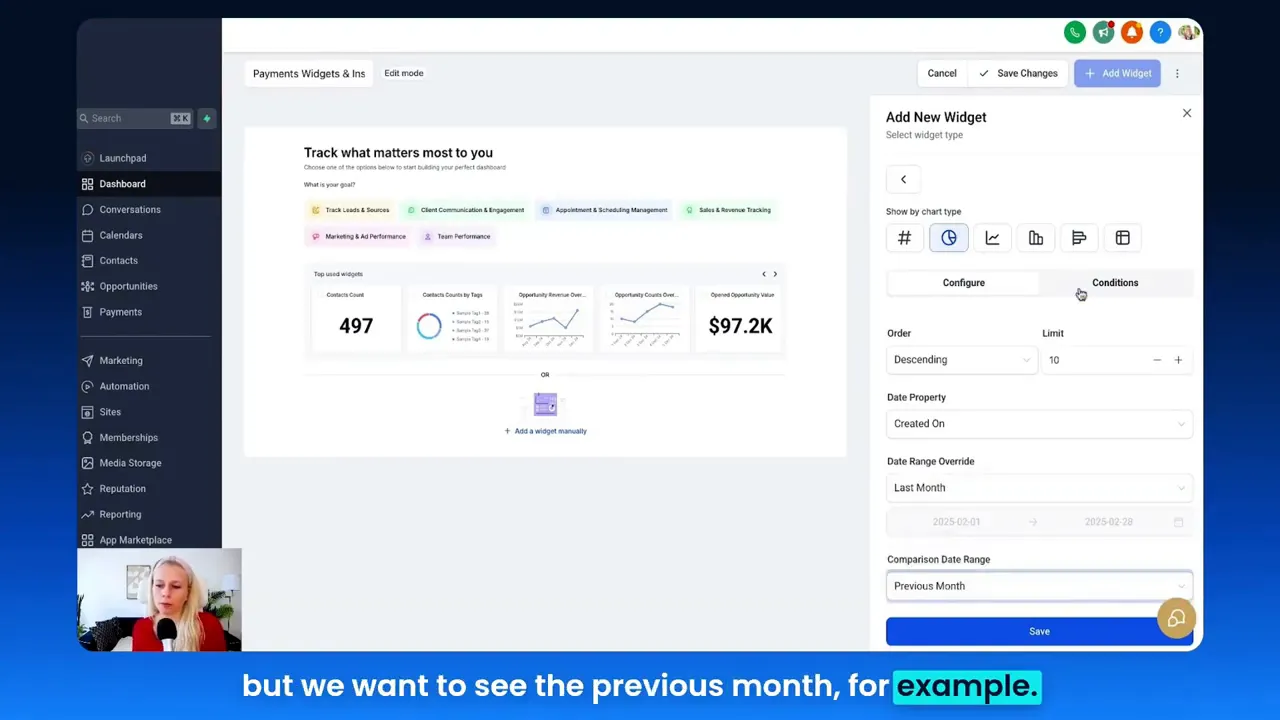 Selecting advanced settings and conditions for a payment widget, including status filters and date ranges.