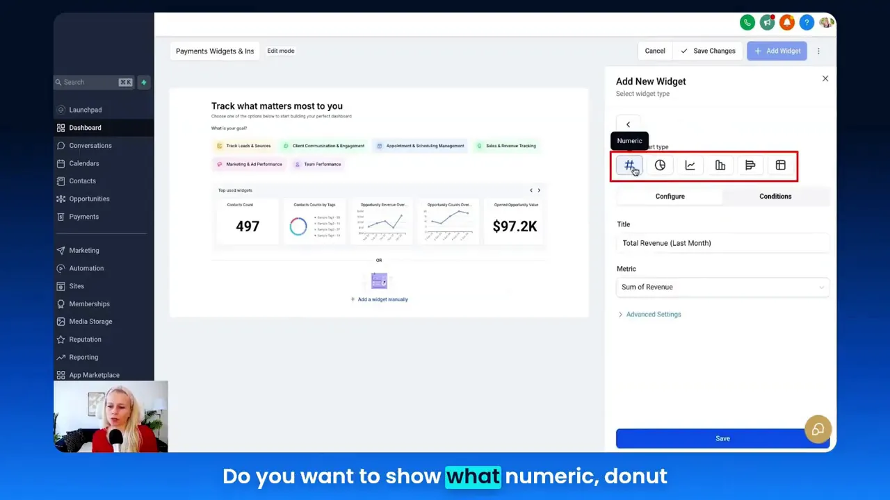 Selecting chart types and metrics when adding a payment widget, including donut, line, bar, and table options.