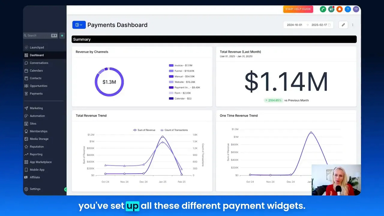 Overview of a finished payments dashboard displaying multiple widgets including revenue by channel, trends, and payment success rates.