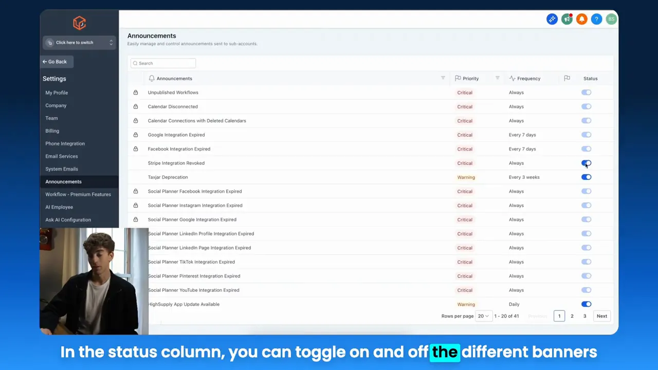 Announcements table in GFunnel showing priority, frequency and status toggles so admins can enable or disable banners