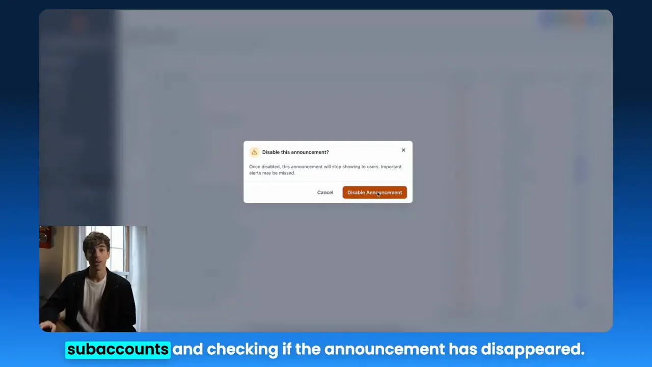 Admin confirmation modal to disable announcement in GFunnel UI