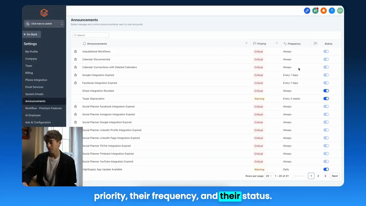 GFunnel Announcements manager highlighting the priority, frequency and status columns for each banner with toggle switches visible.