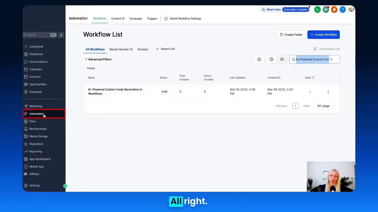 GFunnel workflows menu with automation selected