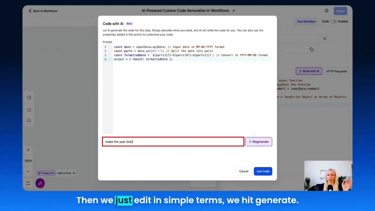 Code generated by AI and option to edit in plain language