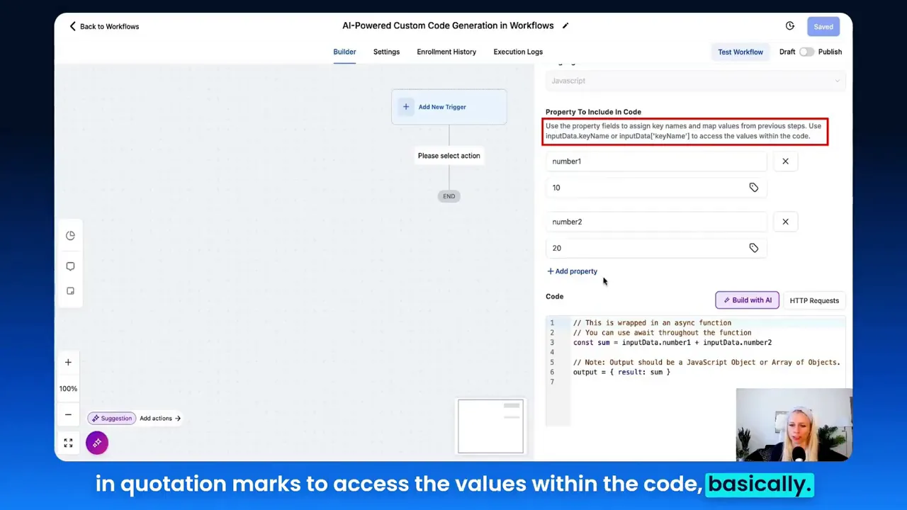Add property screen in the custom code action to map previous step values