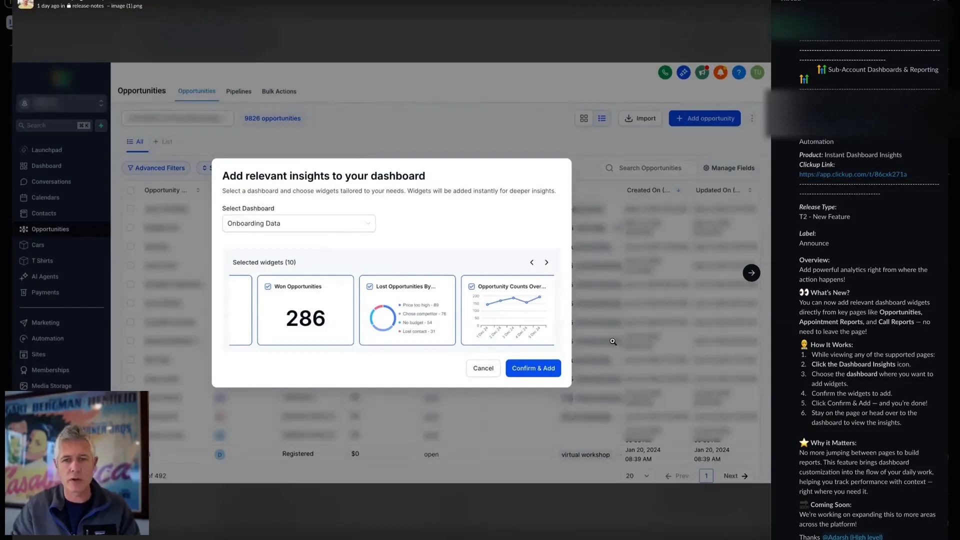 Widget selection popup with checkboxes in Lead Connector dashboard