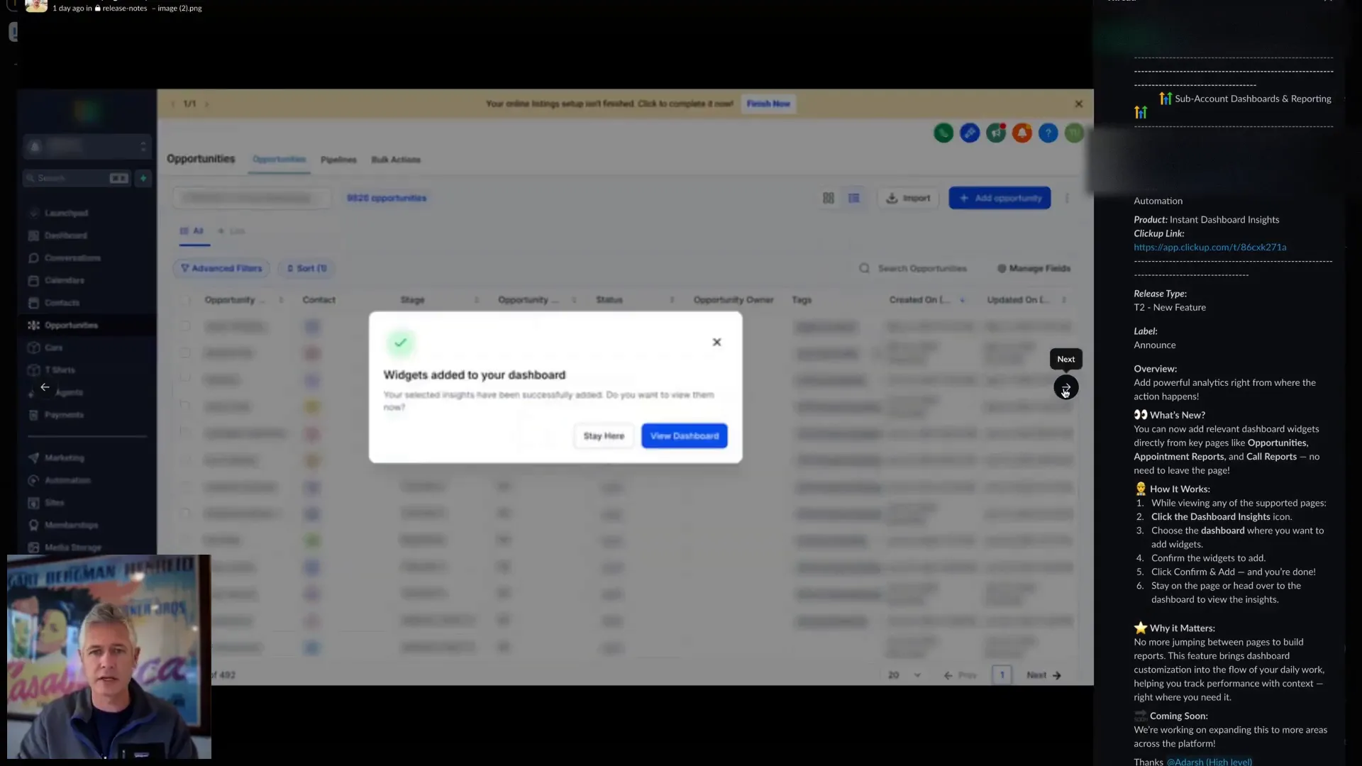 Dashboard insights popup showing widget recommendations