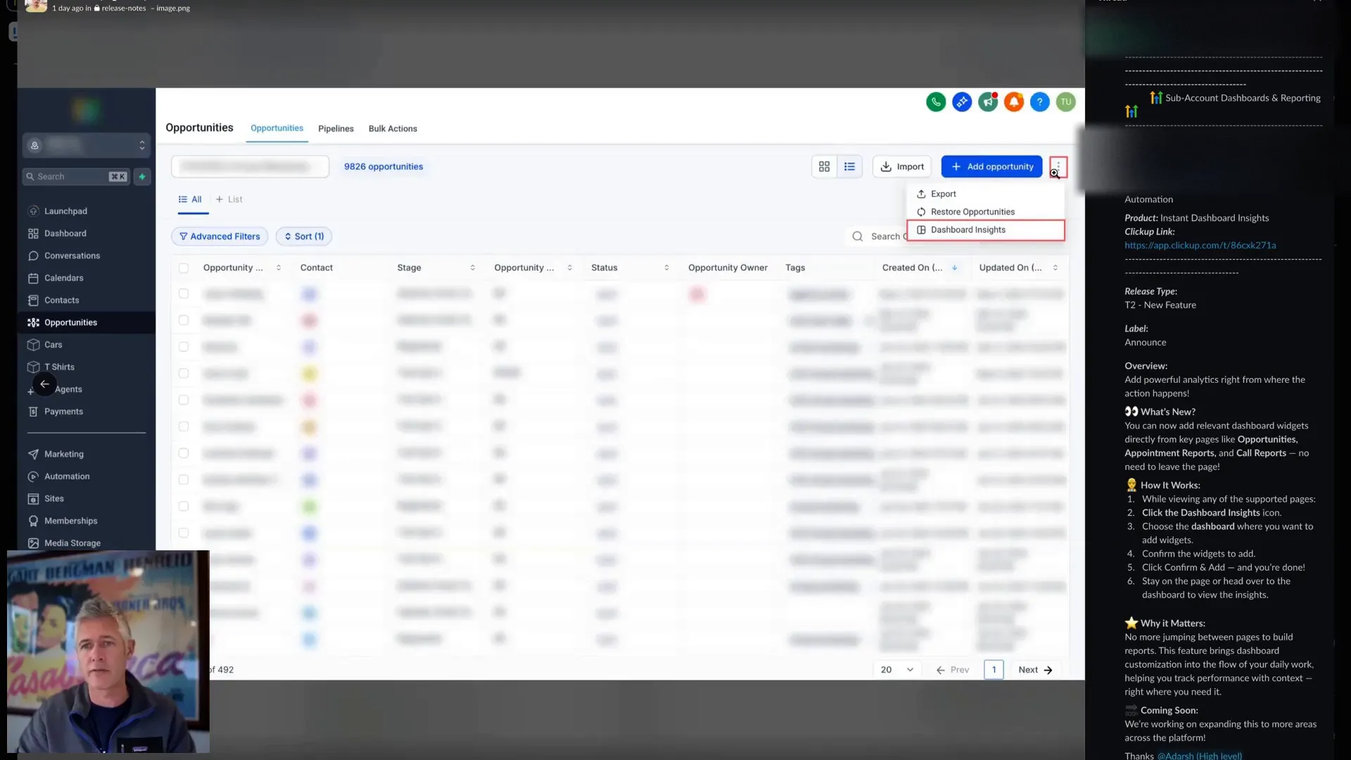 Three dots menu for widget addition on Lead Connector dashboard