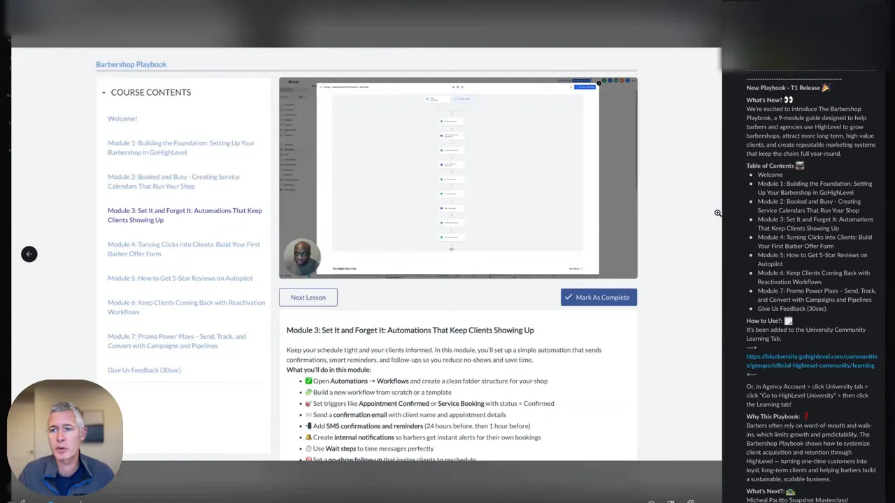 Barbershop Playbook module overview showing nine modules in the platform