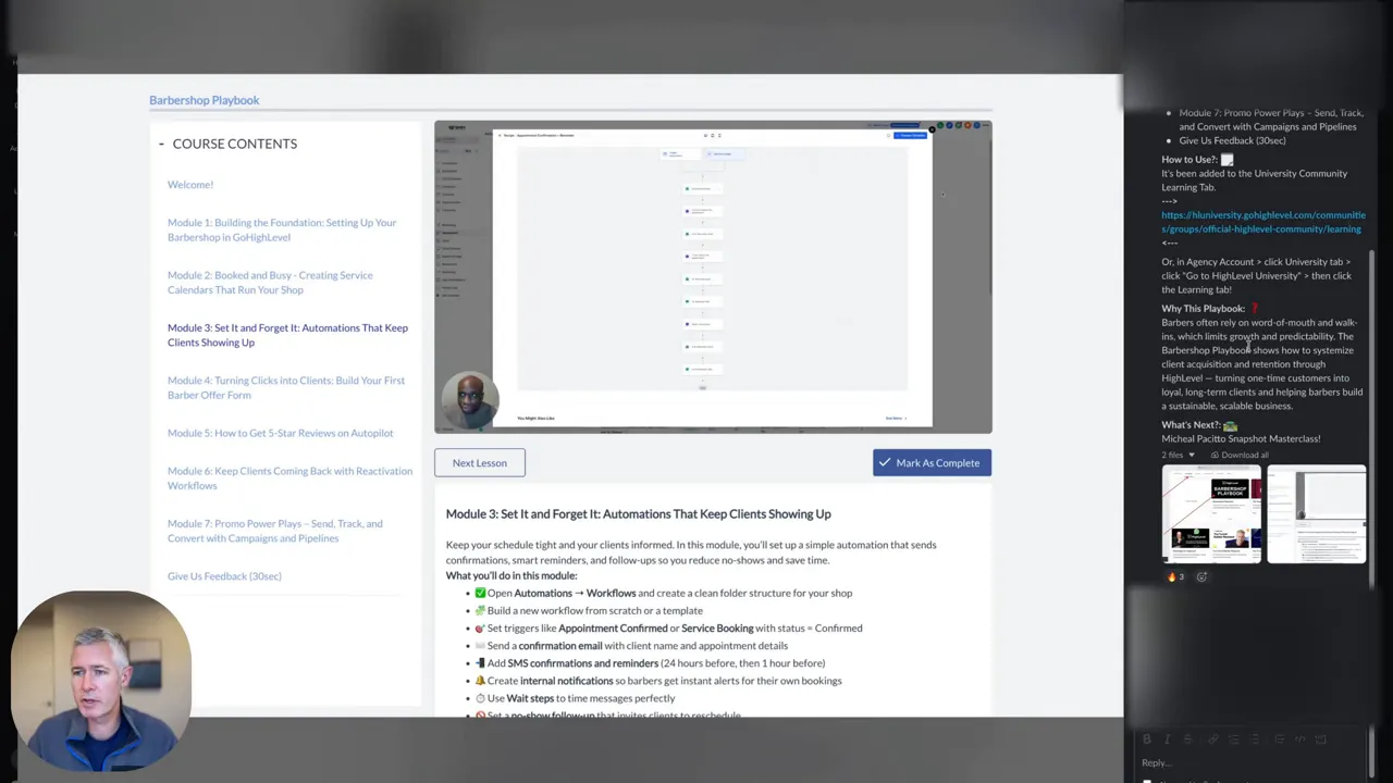 Platform course interface showing playbook modules and community comments
