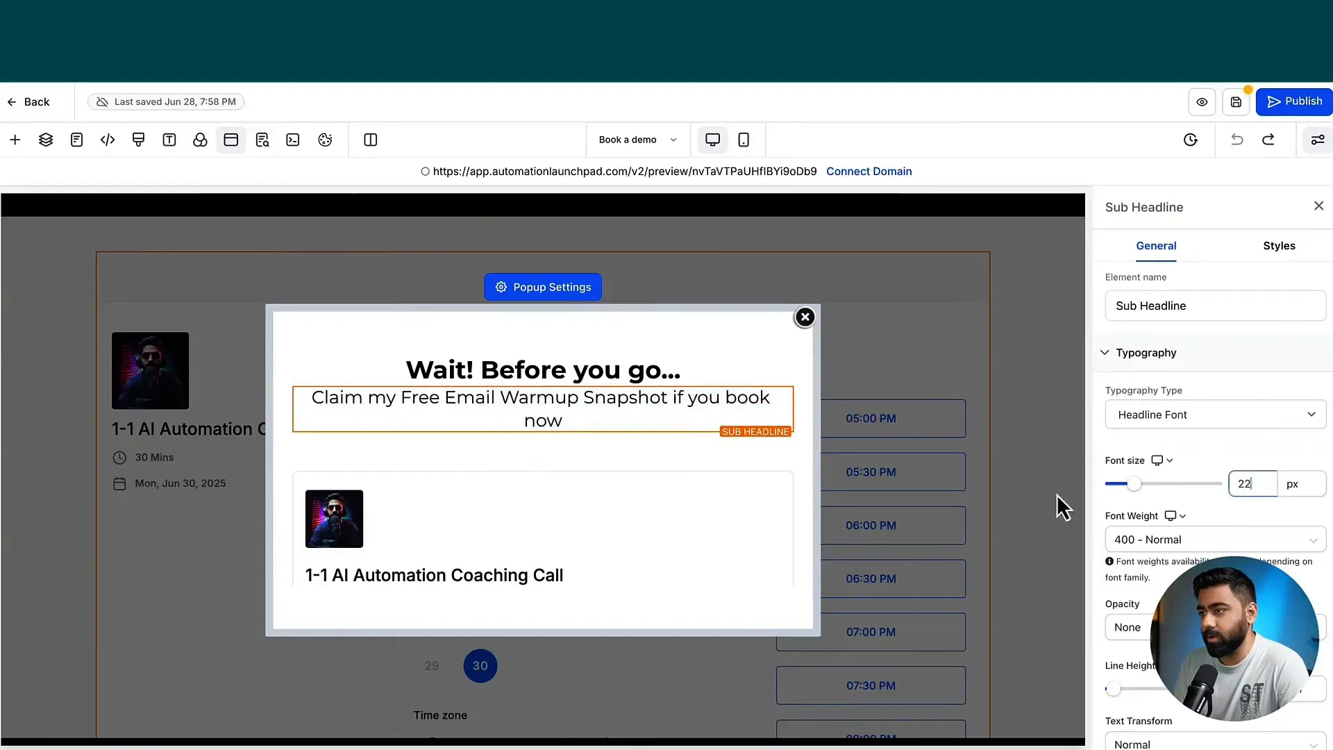 Personalized exit popup with calendar and special offer in GFunnel