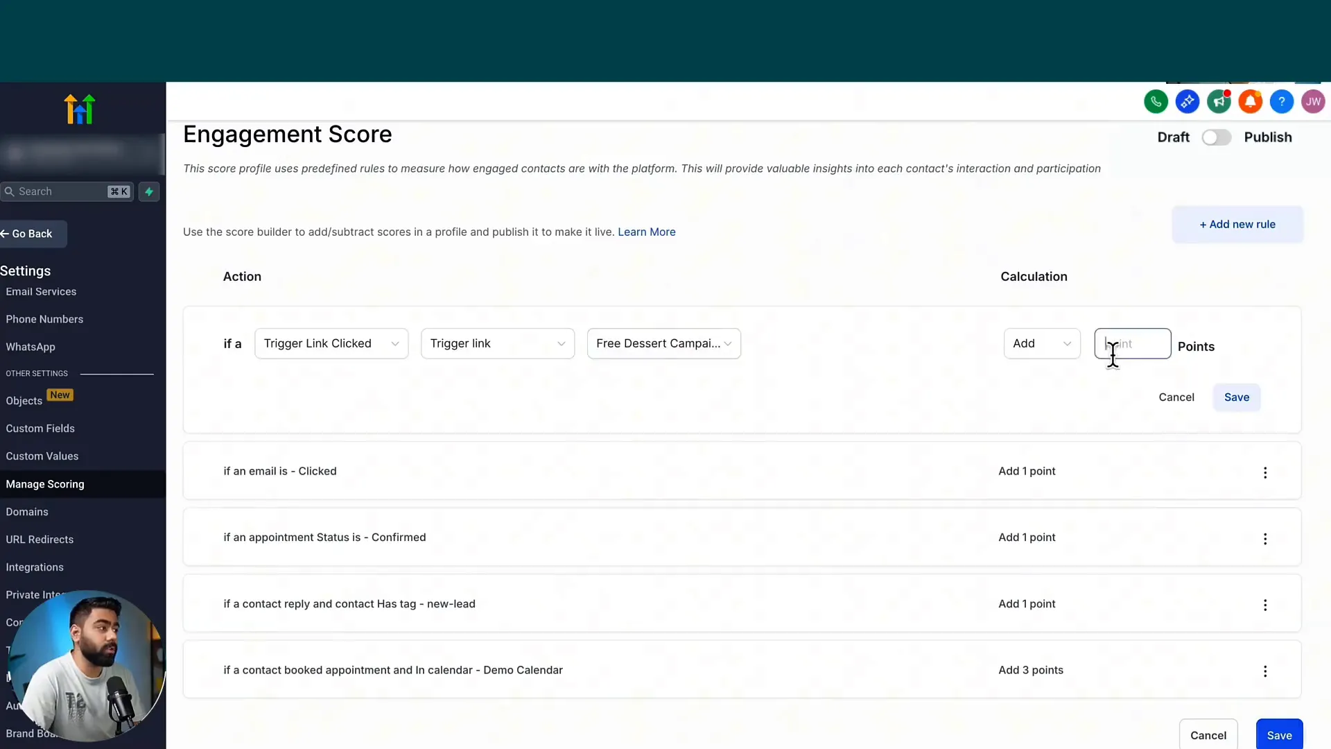 Customizable lead scoring rules in GFunnel CRM