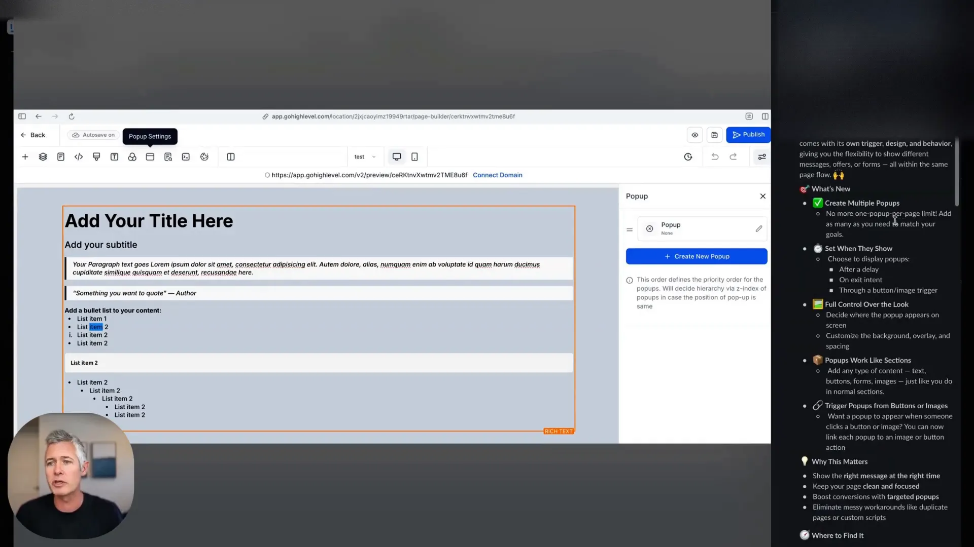 Multiple popups feature announcement in funnel builder interface