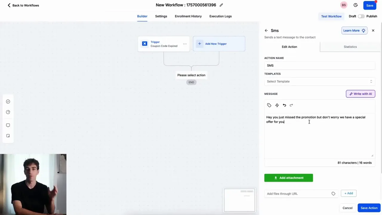 SMS message composition in workflow offering a backup promotion after expiry