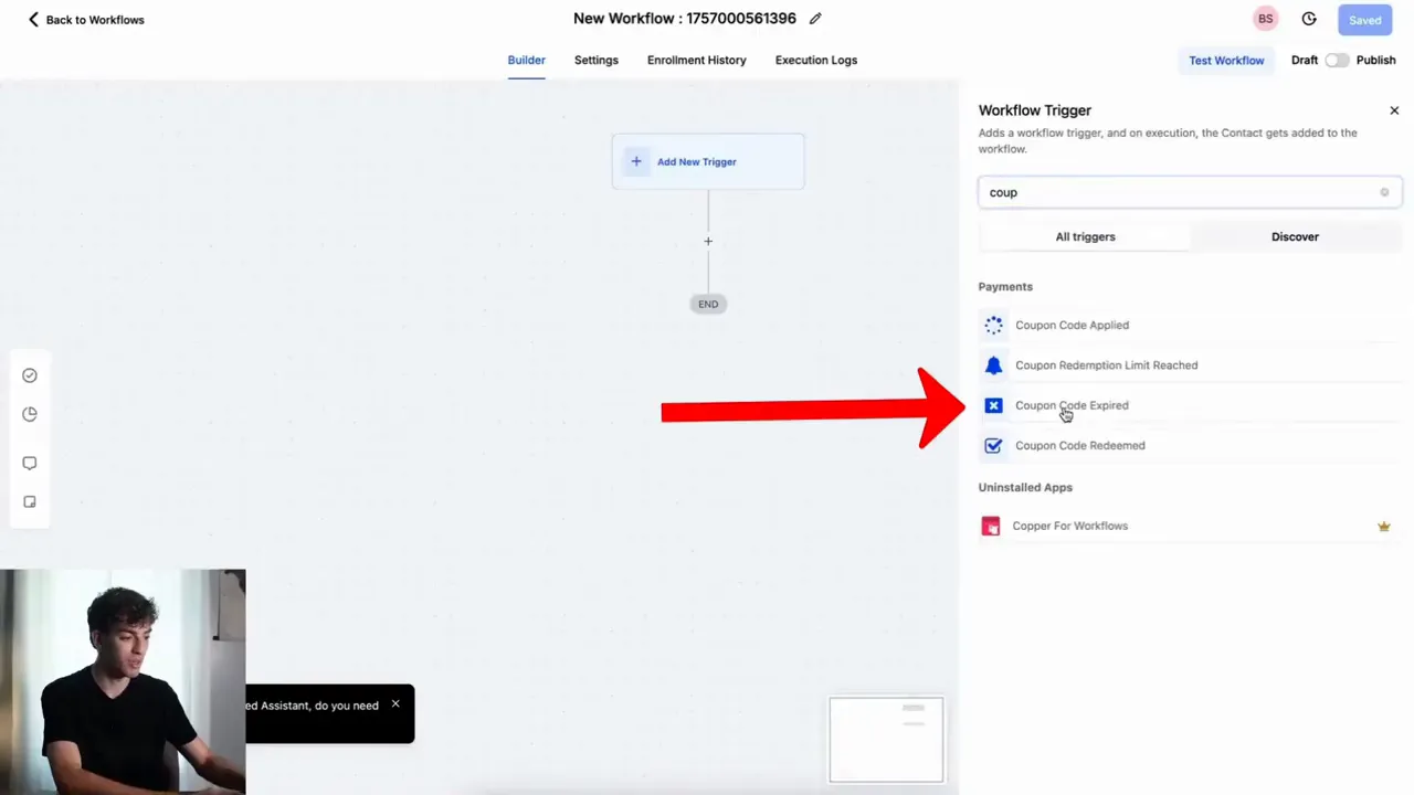 Workflow trigger selection showing 'coupon code expired' option