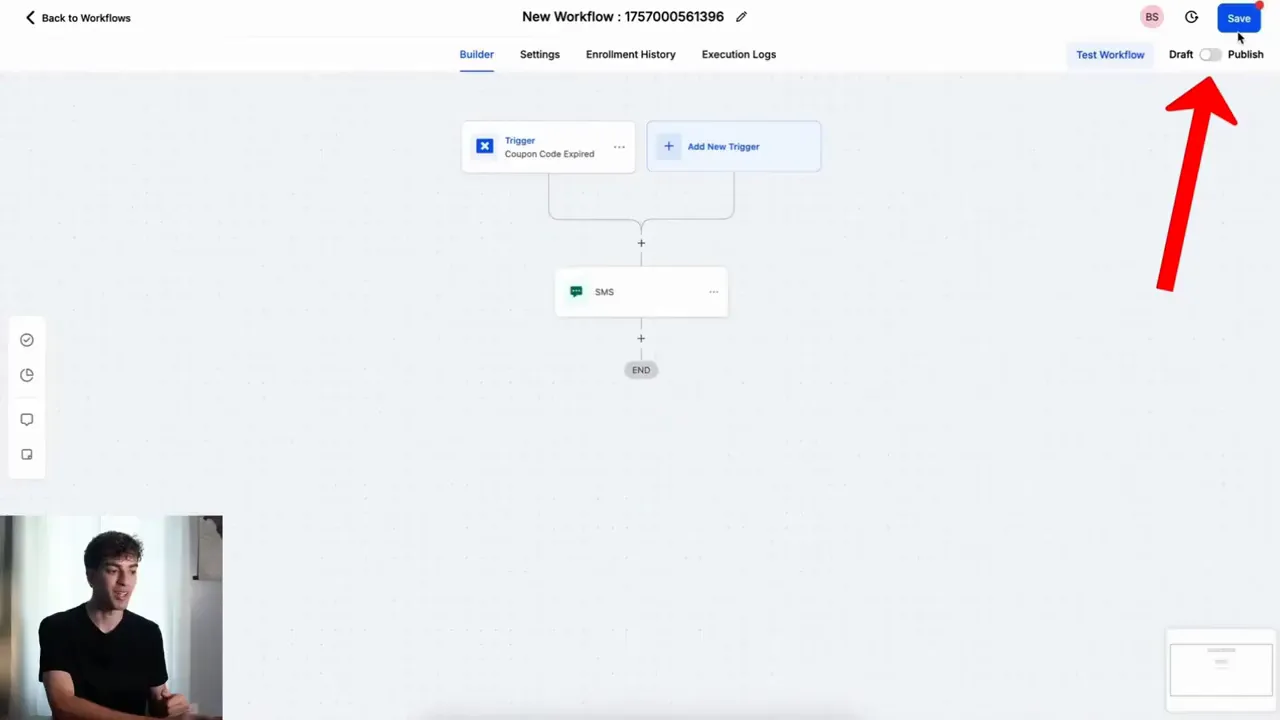 Workflow automation canvas showing SMS action being added