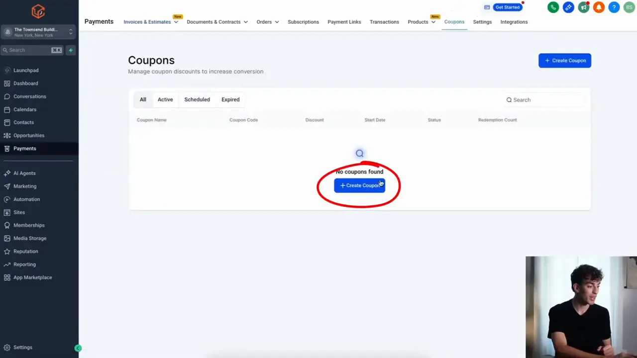 Payments and Coupons menu inside platform showing Create Coupon option