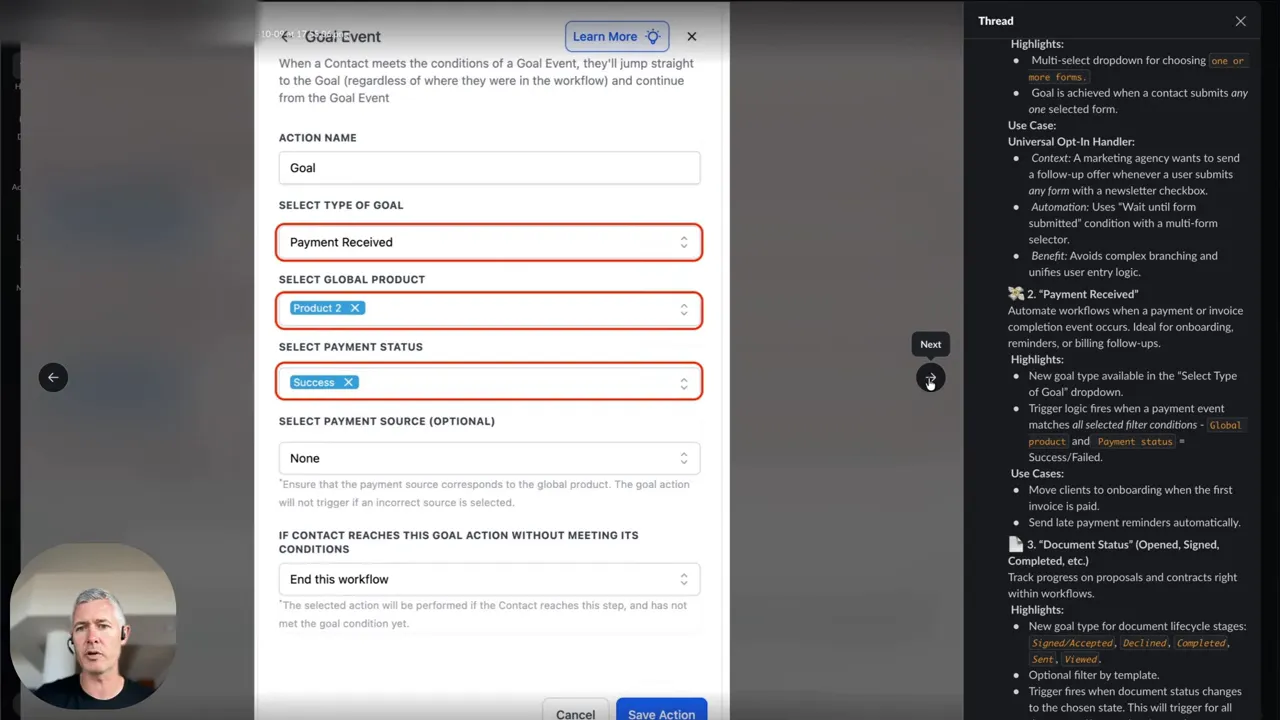 Workflow goal examples including payment received and document status