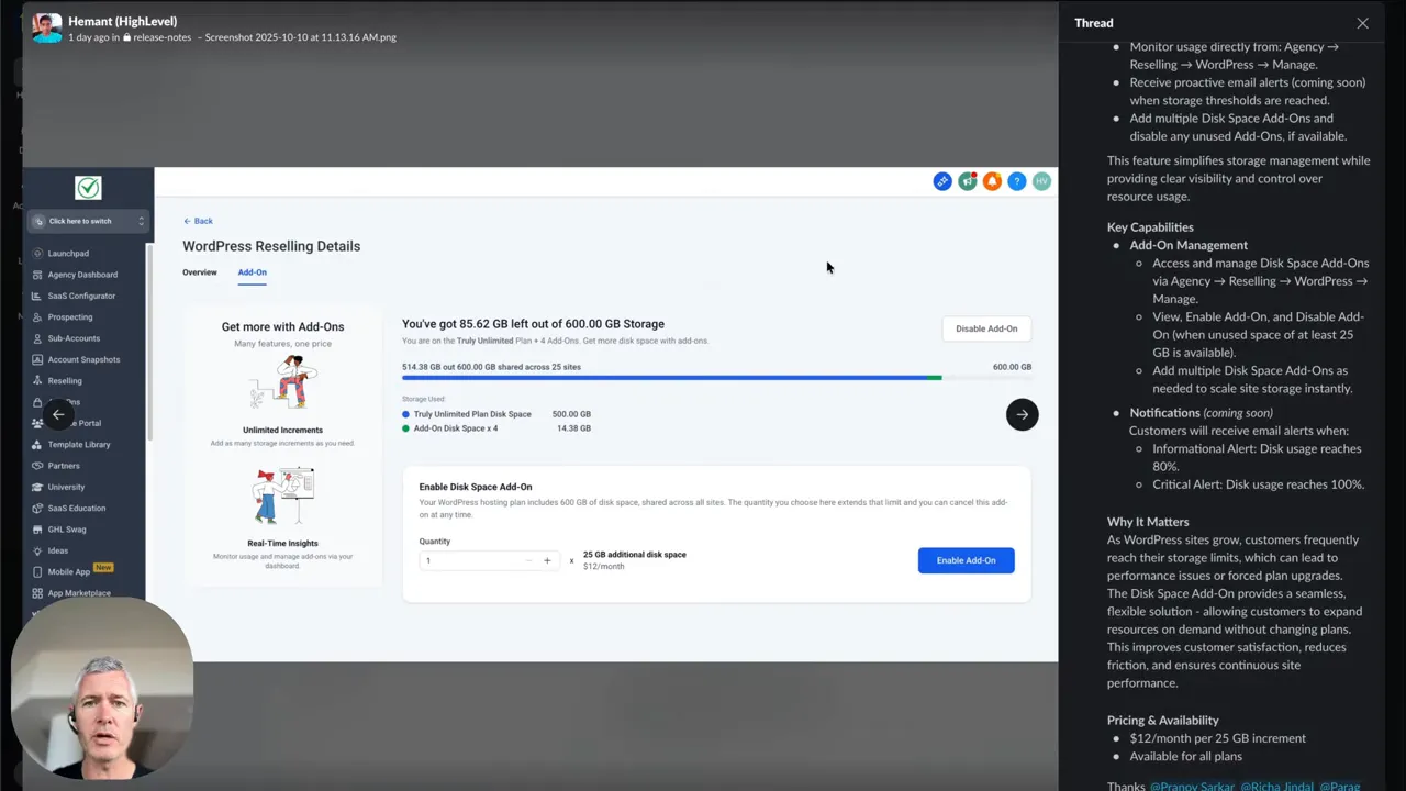 Enable disk space add-on option highlighted in hosting settings