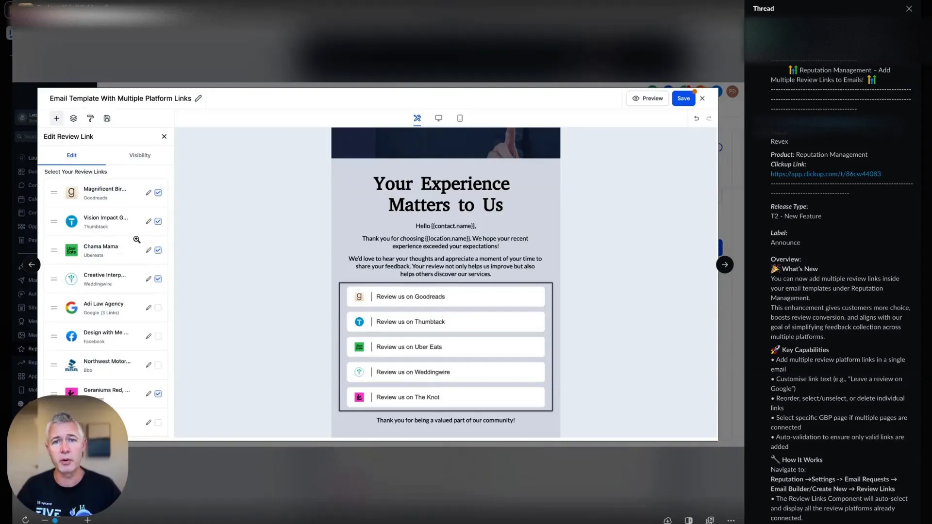 Email builder showing review link configuration options