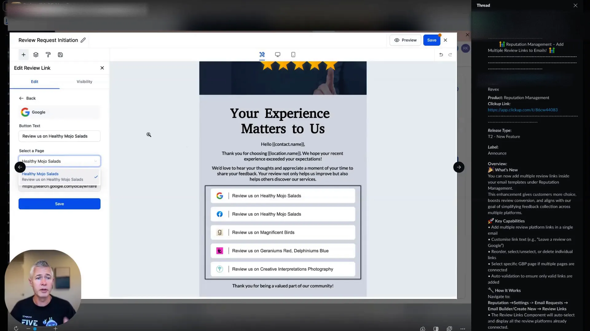 Dynamic review link selection for Google reviews on GFunnel email builder