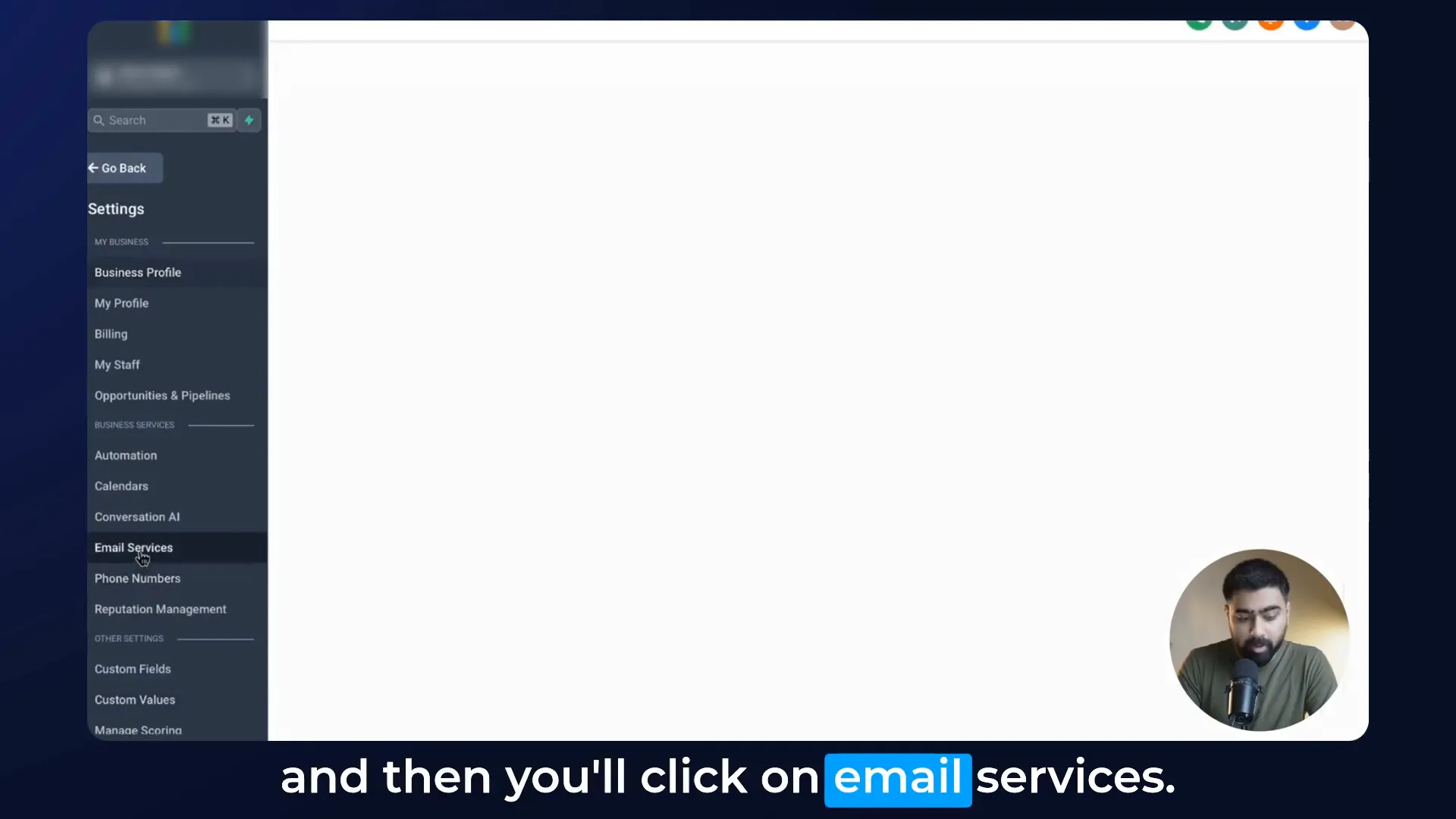Navigating to Email Services in GoHighLevel