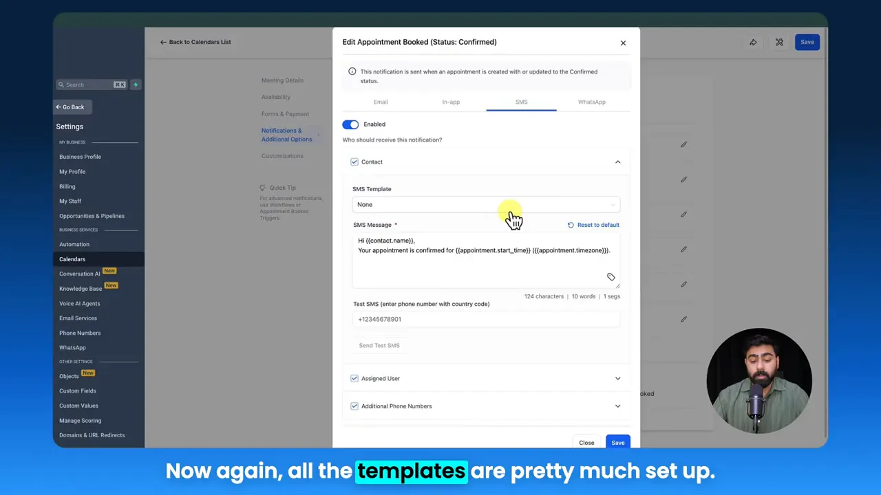 GFunnel SMS template editor showing appointment confirmation text, template dropdown, and the enabled notification toggle
