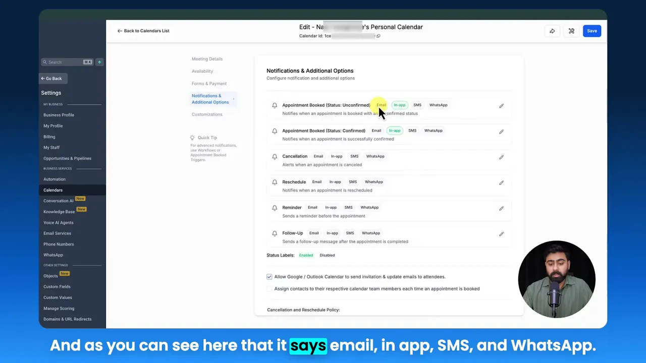 GFunnel Notifications & Additional Options screen showing appointment notifications and channel toggles for Email, In?app, SMS and WhatsApp