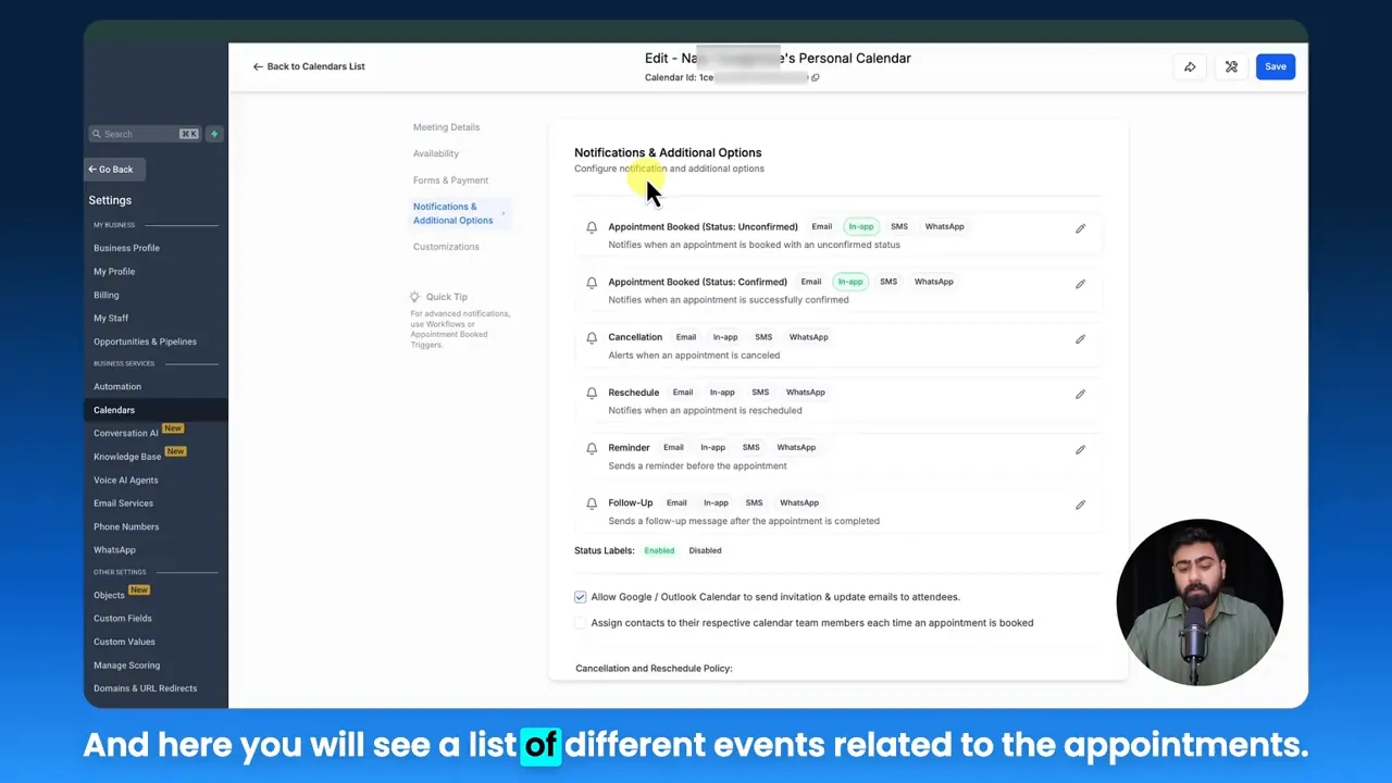 GFunnel Notifications & Additional Options screen showing appointment notifications and channel toggles for Email, In?app, SMS and WhatsApp