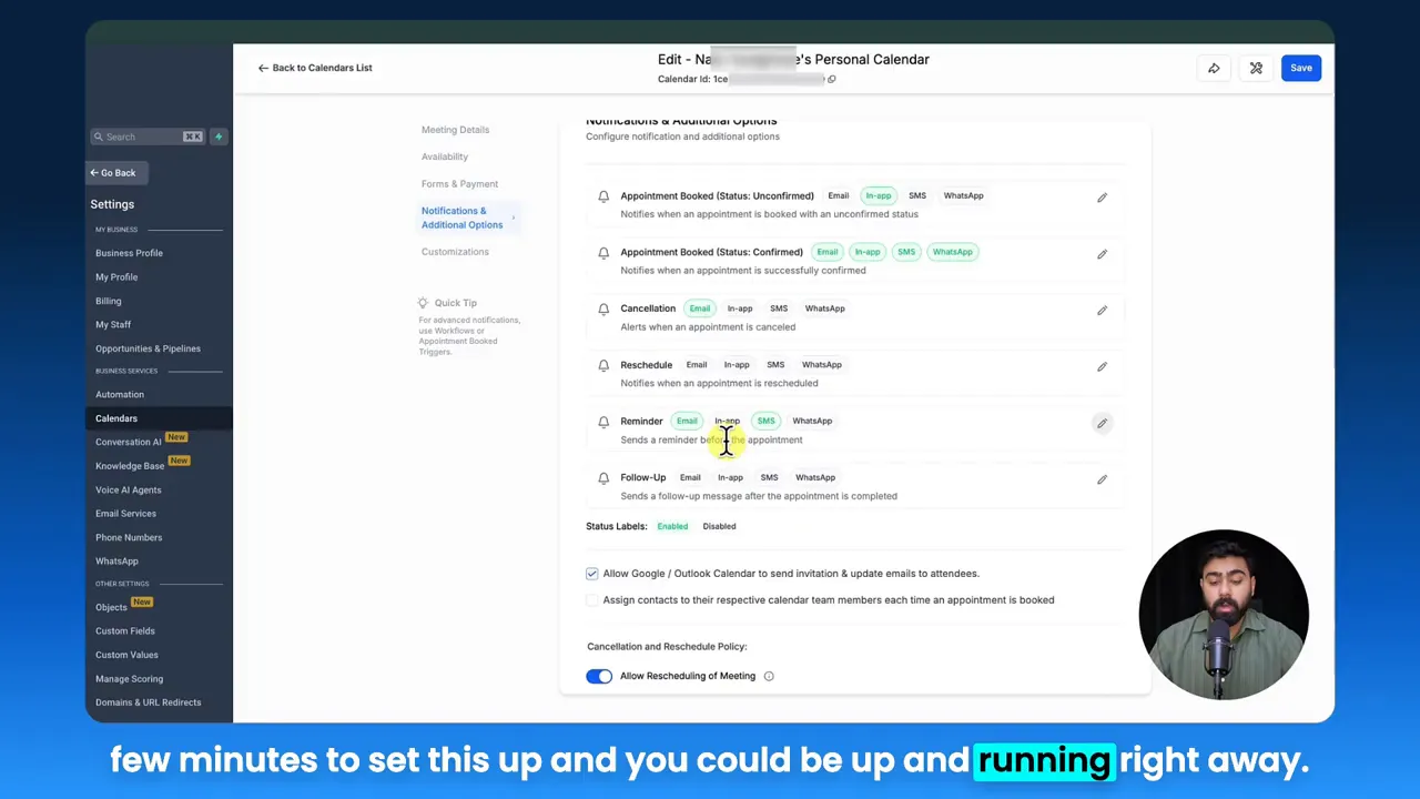 GFunnel calendar notifications UI with reminder option and channel tags for email, in-app, SMS and WhatsApp
