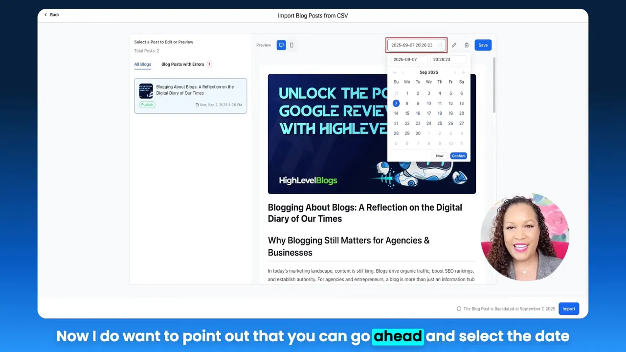 GFunnel post preview with date/time picker calendar open to schedule a publish date