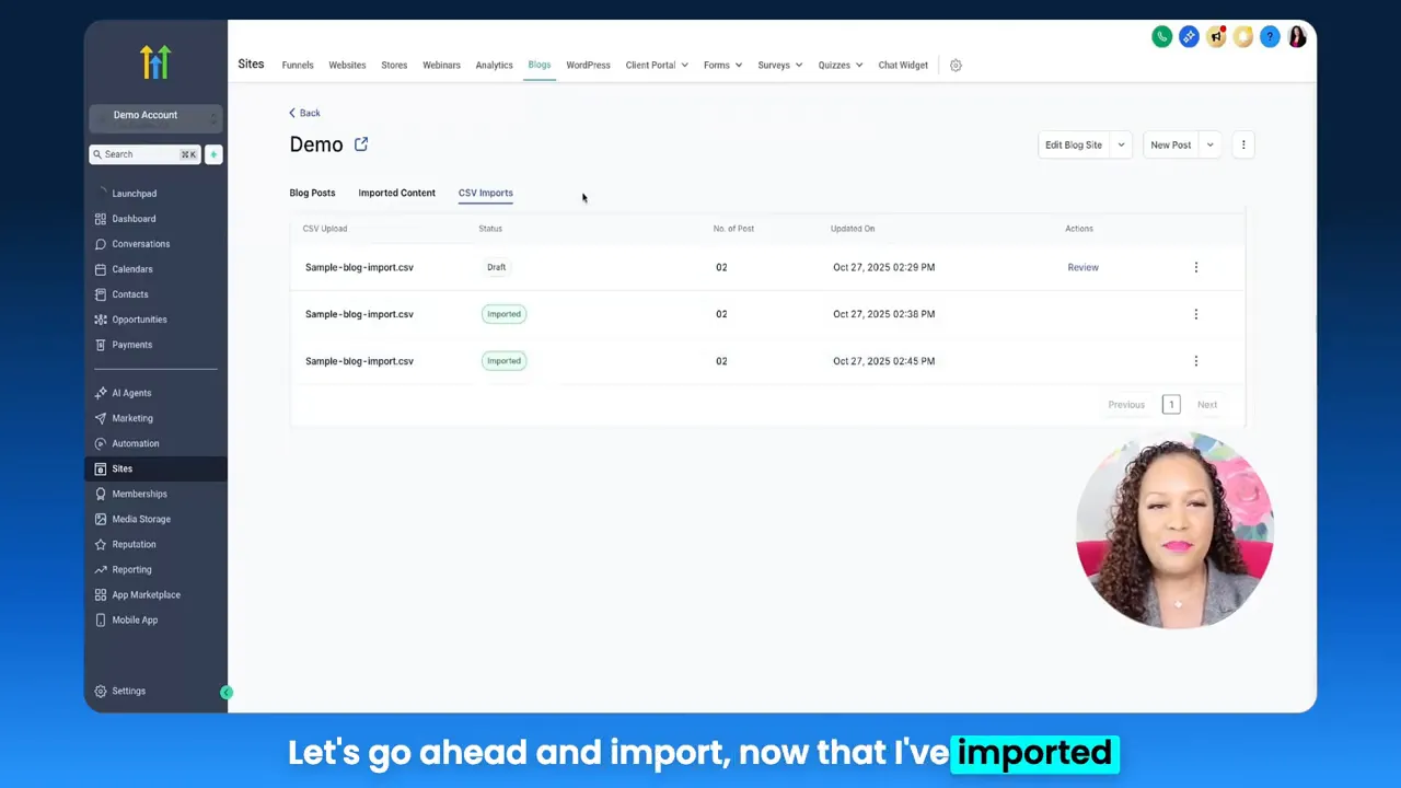 GFunnel Sites dashboard showing 'CSV Imports' tab with uploaded CSV files and import statuses