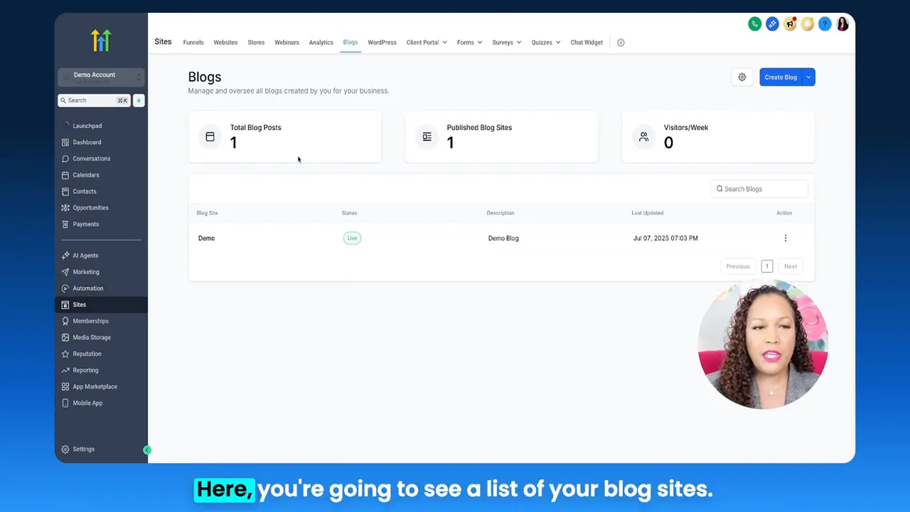 GFunnel Blogs dashboard showing total blog posts, published blog sites, visitors per week and the list of blog sites.
