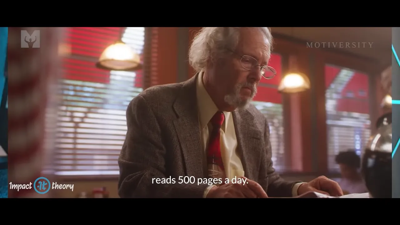 Older person reading at a table with on-screen text 'reads 500 pages a day'