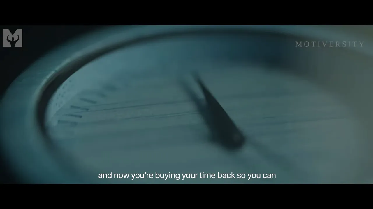 Close-up of a clock face blurred in a cinematic shot, subtitle reads 'and now you're buying your time back so you can'