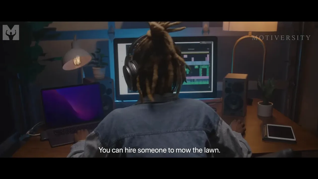 Rear view of a person wearing headphones at an editing workstation with an editing timeline on the monitor and subtitle 'You can hire someone to mow the lawn.'