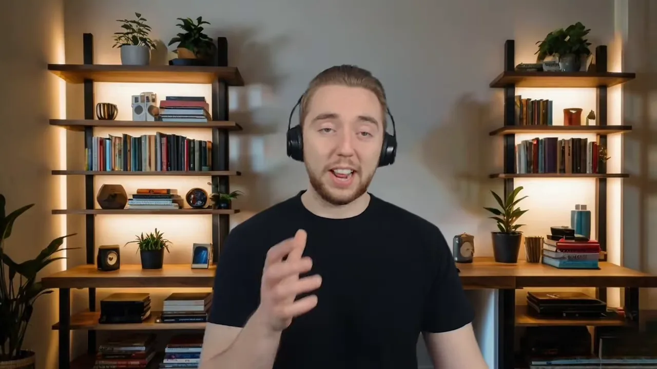 Presenter making a hand gesture while explaining metaprompting in front of a bookshelf