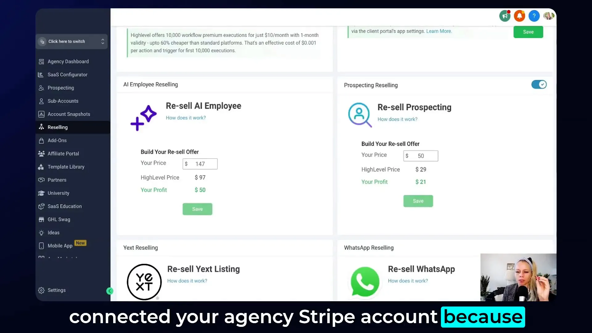 GFunnel subscription management dashboard with Stripe integration