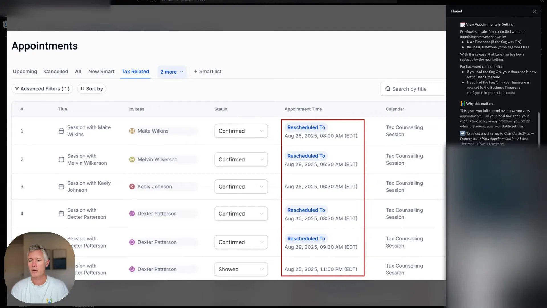 Calendar settings preferences indicating 'view appointments in' with timezone select dropdown