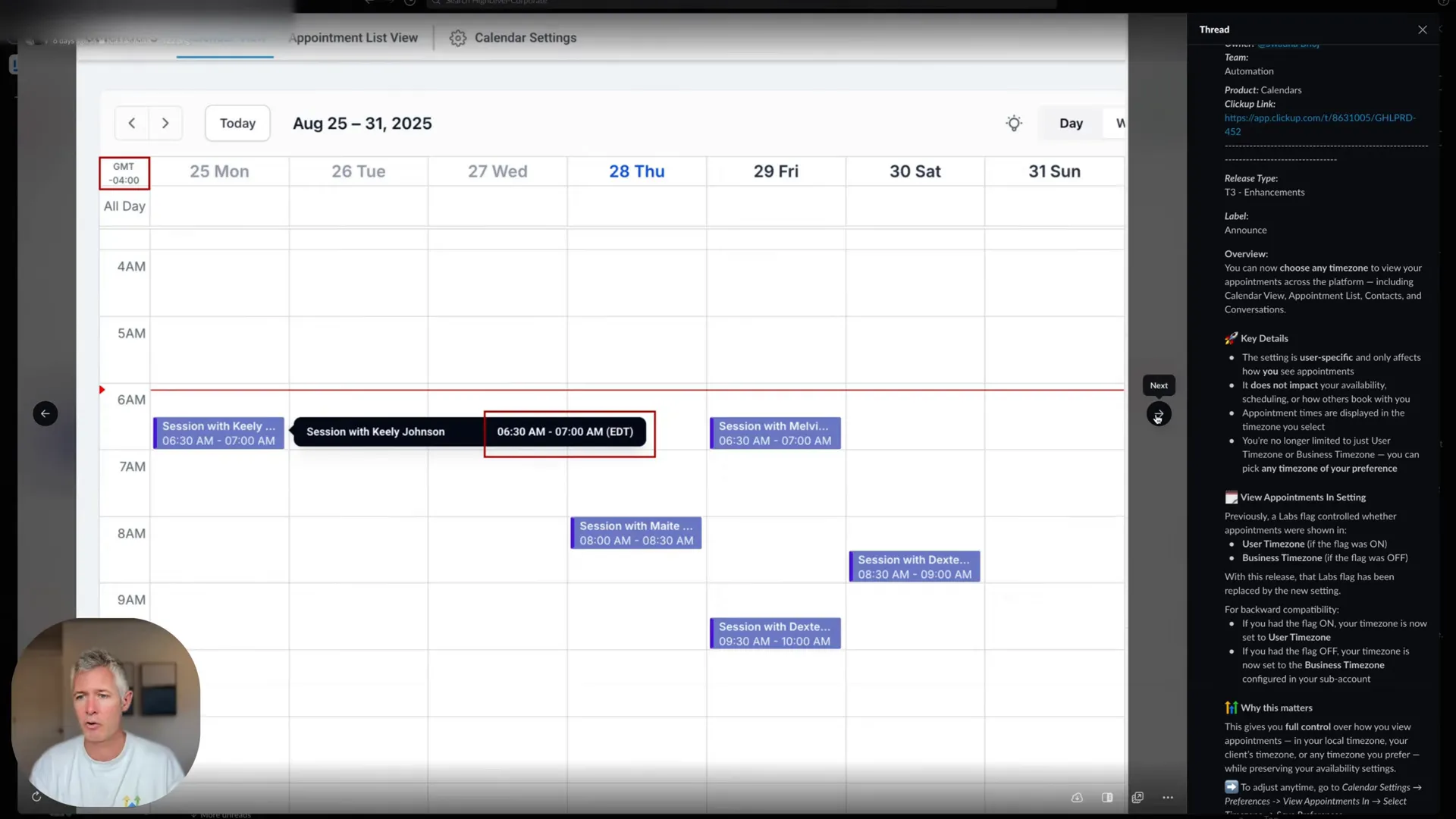 Hover tooltip showing exact time and timezone information for an appointment