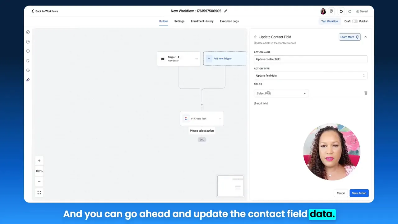 GFunnel 'Update Contact Field' panel showing action name, action type and a 'Select Field' dropdown