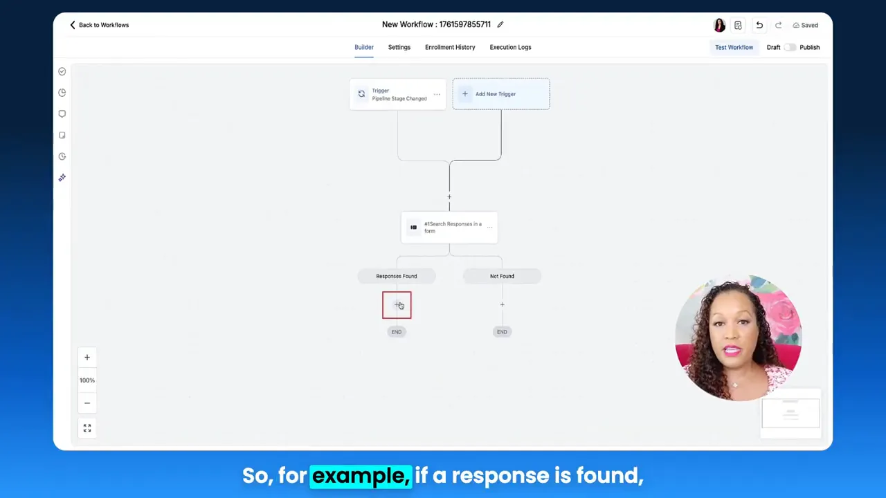 workflow builder showing branches labeled 'Responses Found' and 'Not Found' for a conditional workflow