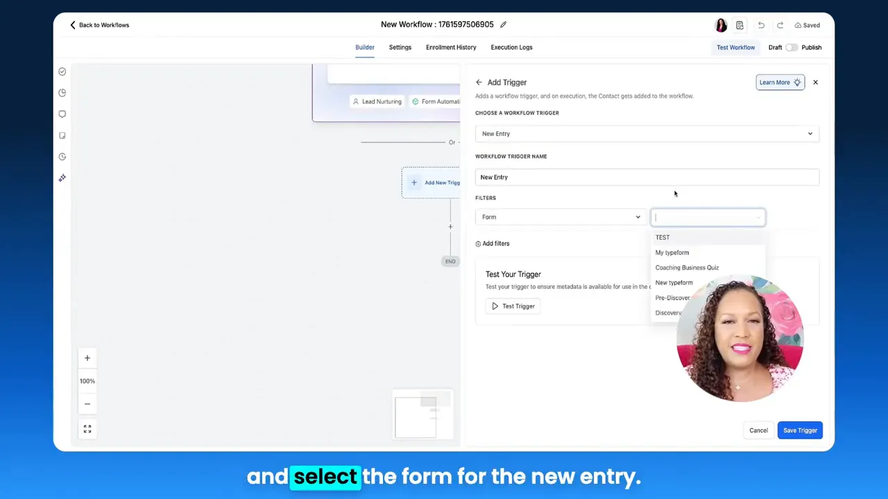 GFunnel 'Add Trigger' panel with form dropdown showing Typeform form options