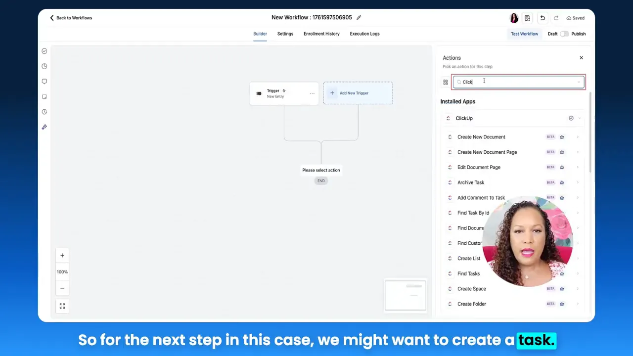GFunnel workflow builder showing 'Create Task' action and ClickUp in actions list